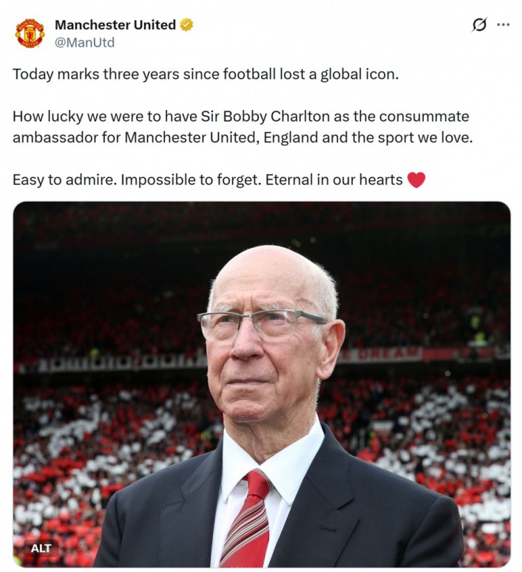 查尔顿去世三周年纪念日,曼联官方社媒缅怀:永存于心❤️ 查尔顿去世三周年纪念日,曼联官方社媒缅怀:永存于心❤️